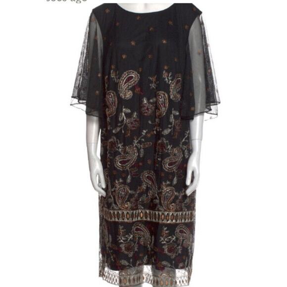 Adrianna Papell 3/4 Sheer Sleeve Beaded Embroidered Black Flower Dress Sz 6 - Picture 3 of 15